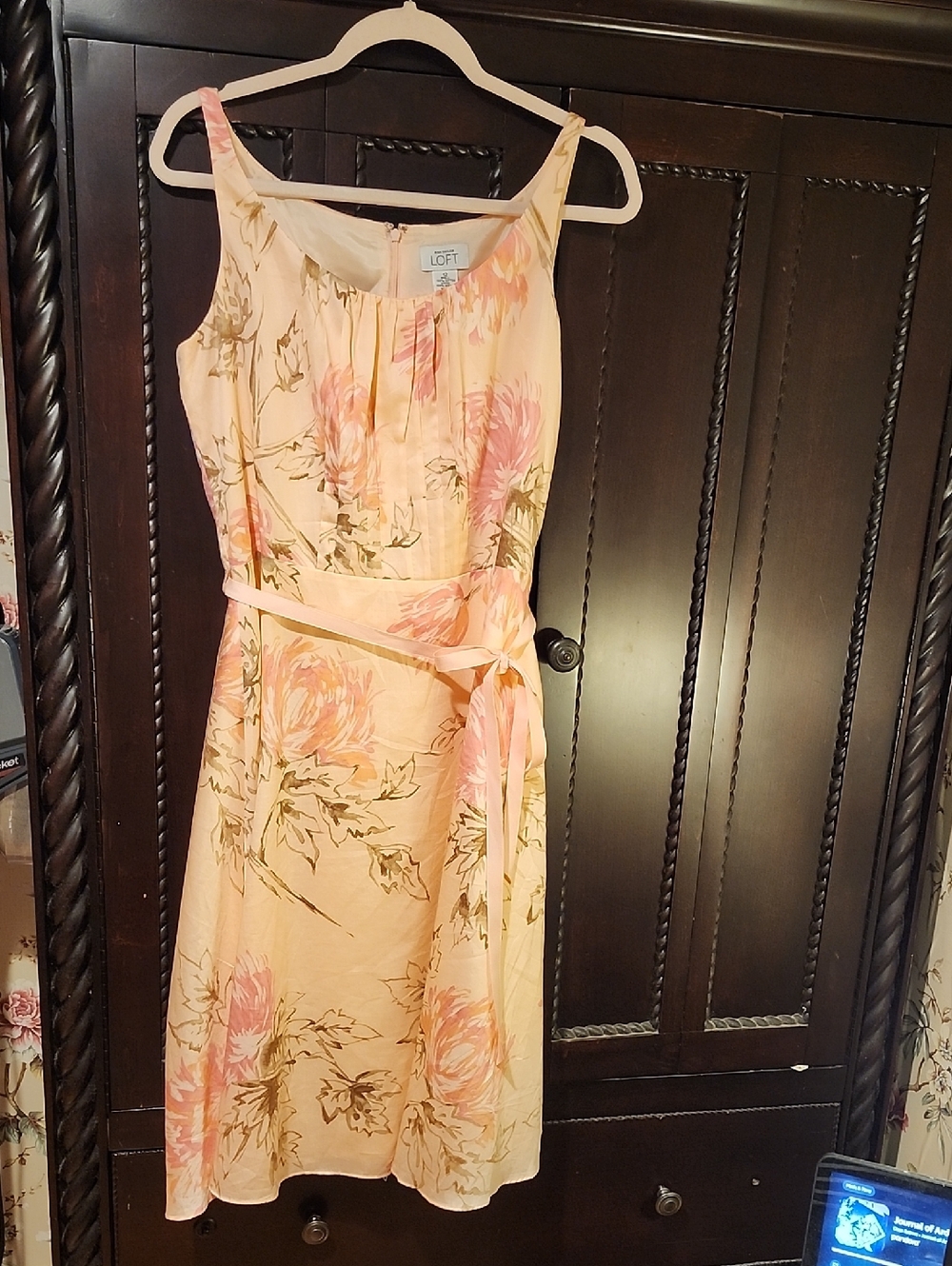 LOFT Pink Floral Midi Dress with Waist Tie